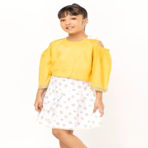 Yellow Printed Cotton Skirt Top Set